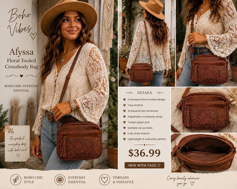 Alyssa Floral Tooled Crossbody Bag Brwn Faux Leather Tassel Adjustable Strap NWT